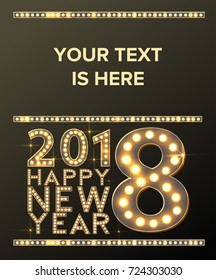 Happy New Year Greeting Card with Bulb Lamps Gold Light vector