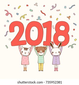 Happy new year greeting card. Dog Chinese zodiac symbol of the year. Cute cartoon cat, dog and rabbit holding numbers 2018  cerebrating. Flat design. Vector Illustration.