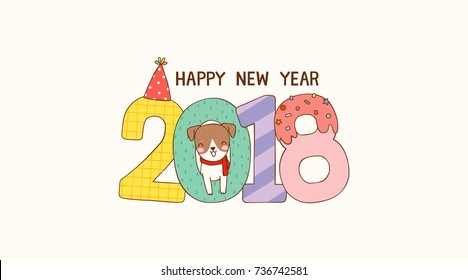 Happy new year greeting card. Dog Chinese zodiac symbol of the year. Cute dog and numbers 2018  cerebrating. Flat design. Vector Illustration.