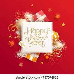 Happy New Year greeting card with gifts, balls and snowflake