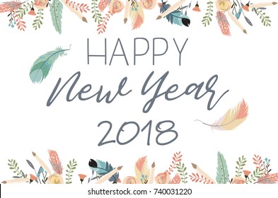 Happy new year greeting card with leaf,flower and feather in boho style