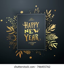 Happy new year greeting card. Vector banner. Gold design.