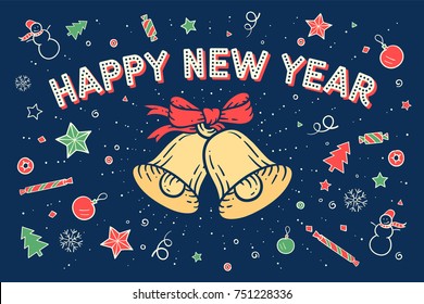 Happy new year. Greeting card with bell and text Happy New Year with starburst on happy pattern, background. Christmas theme for banner, poster, post card, web and graphic design. Vector Illustration