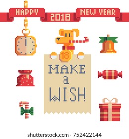 Happy new year greeting card design. christmas icons set. Make a wish lettering banner. Yellow dog. Pixel art style. Isolated vector illustration.
