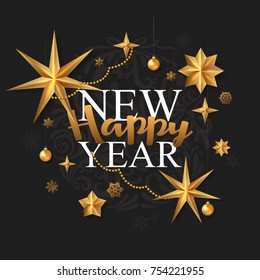 Happy New Year Greeting Card Decorated Gold Stars Balls and Snowflakes on black background. Vector illustration