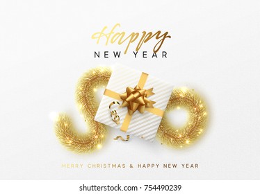 Happy New Year greeting card. Xmas holiday background, gift box with gold tinsel and bright golden snowflake. Christmas decor