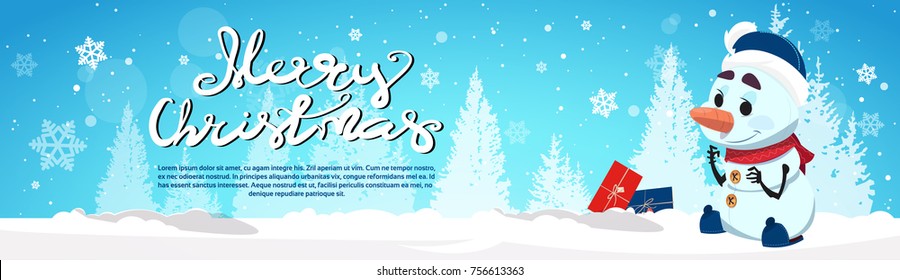 Happy New Year Greeting Card With Cute Snowman Winter Holidays Horizontal Banner With Copy Space Flat Vector Illustration