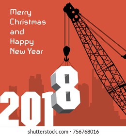 Happy New Year greeting card - crane at work, vector illustration