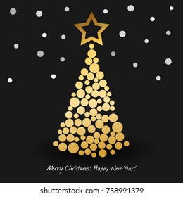 Happy New Year Greeting card with abstract christmas tree from golden circles. Vector illustration.