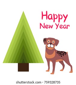 Happy New Year greeting card cartoon brown spotted dog and abstract Christmas tree triangular shaped, Xmas symbol without decorations and cute puppy