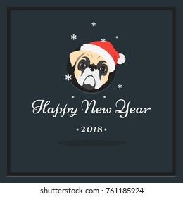 happy new year. Greeting card in flat style with funny french bulldog in santas hat.