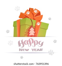 Happy New Year Greeting Card Big Gift Box Over Dog Foot Prints On Background Flat Vector Illustration