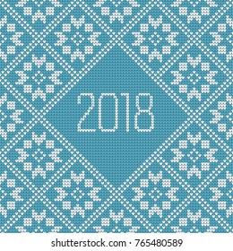 Happy New Year greeting card. Knitting effect background in blue and white colors. Vector illustration.