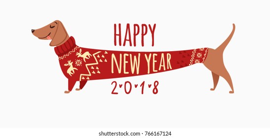 Happy New Year greeting card with cute funny dog in winter sweater. 
Vector illustration