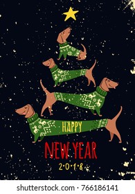 Happy New Year greeting card with cute funny dogs wearing winter sweaters.
Abstract Christmas tree. Vector illustration. Grunge texture