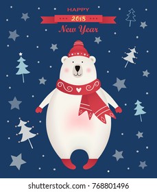 Happy New Year greeting card with polar bear dressed in hat and scarf. Vector illustration