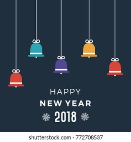 Happy New Year Greeting Card. Colorful Bells Hanging. Flat Design Style. Vector Illustration