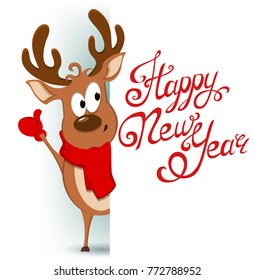 Happy New Year greeting card with funny reindeer standing behind a sign and showing on blank placard. Vector illustration