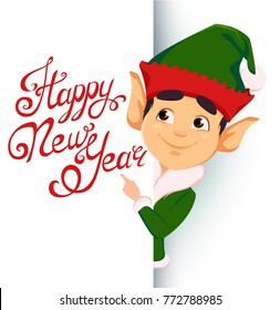 Happy New Year greeting card. Elf standing behind a sign and showing on blank placard. Happy smiling cartoon character. Vector illustration on white background