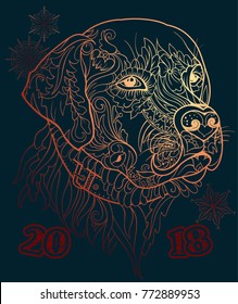 Happy New Year greeting Card with zentangle cute Dog. Hand drawn gold and red sketch. Stylized floral ornament. Vector illustration. Labrador face. Animal design