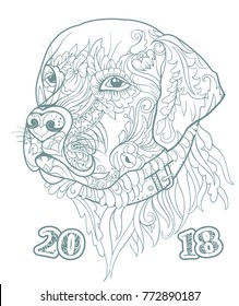 Happy New Year greeting Card with zentangle cute Dog. Hand drawn sketch for coloring page, T-shirt emblem, logo. Stylized floral ornament. Vector illustration. Labrador face. Animal design