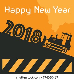 Happy New Year greeting card - tractor bulldozer at work, vector illustration