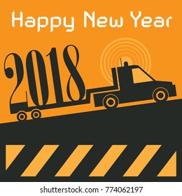 Happy New Year greeting card - truck at work, vector illustration