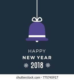 Happy New Year Greeting Card. Purple Bell Hanging. Flat Design Style. Vector Illustration