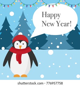 Happy New Year greeting card. Penguin talks. Word bubble. Greeting card. Winter landscape. Christmas lights. Vector illustration.