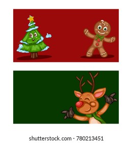 Happy New Year Greeting Card. Cute Cartoon Christmas Tree, Reindeer and Gingerbread Man