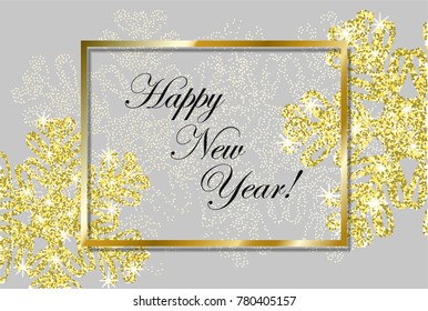 Happy New year greeting card gold glitter confetti on light background. Vector design of gold snowflakes on new year or Christmas.
