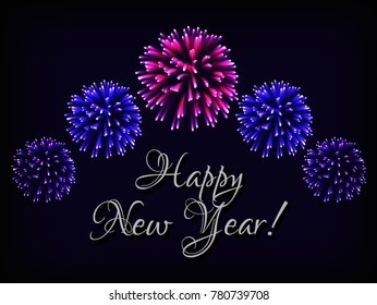 Happy New Year greeting card template with text and bright colorful fireworks on dark blue background. Vector illustration.