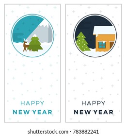 Happy New Year Greeting Card. Two sides with Reindeer, Christmas Tree, House and Mountains