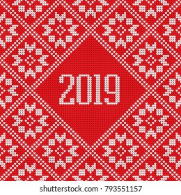 Happy New Year greeting card. Knitting effect background in red and white colors. Vector illustration.