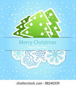 Happy new year greeting card with paper flakes and christmas trees