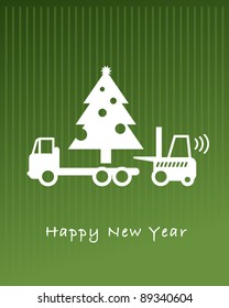 Happy New Year greeting card -  fork lift truck at work, vector illustration