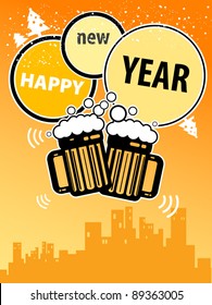 Happy New Year greeting card with beer mugs, vector illustration