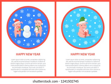 Happy New Year greeting cards in round frame and text. Pigs making snowman on Christmas. Piglet with gift, winter holidays and outdoor activity, vector