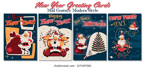 Happy New Year Greeting Cards, Funny Santa Claus Illustrations, Mid Century Modern Style, Santa, Reindeers, Christmas Tree, Gift Bag, Aliens 