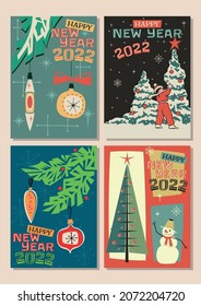 Happy New Year Greeting Cards, Mid Century Modern Style Illustrations, Season Holidays Tree, Decorations, Snowman