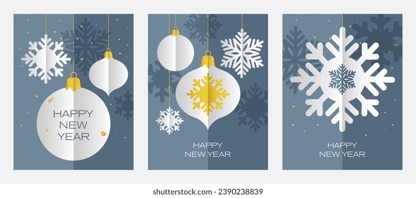 Happy New Year greeting cards with snowflakes and toys on a blue background. Set of 3 vector illustration.