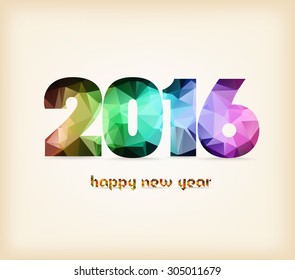 Happy New year greeting card.Triangles, polygons 2016 ribbon on white background