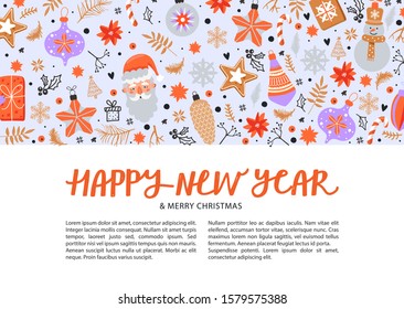 Happy New Year greeting composition. Tree toy, Santa, candy, fir-tree branch, ginger cookie, gift, flower and stylish lettering. Design for postcard, invitation, poster etc. Vector with copy space.