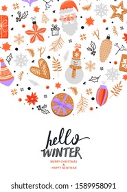 Happy New Year greeting composition. Tree toy, Santa, candy, fir-tree branch, ginger cookie, snowflake, gift, flower and stylish lettering. Design for postcard, invitation, poster etc. Vector.