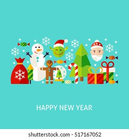 Happy New Year Greeting Concept. Poster Design Vector Illustration. Set of Winter Objects.