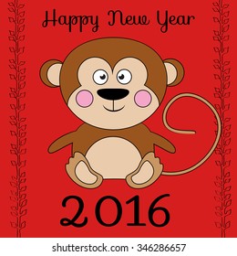 Happy New Year greeting cute monkey illustration vector icon isolated on white background