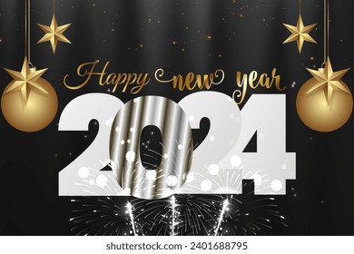 Happy New Year greeting with dark bokeh background. Vector new year background.