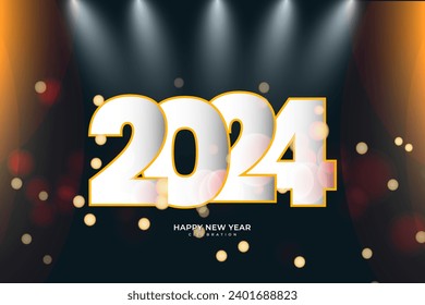 Happy New Year greeting with dark bokeh background. Vector new year background.