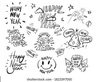 Happy New Year greeting doodle Vector Illustration
