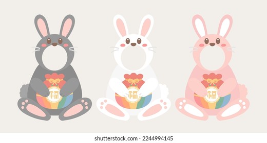 Happy New year greeting elements with cute bunny and fortune pocket. Rabbit character vector set. 